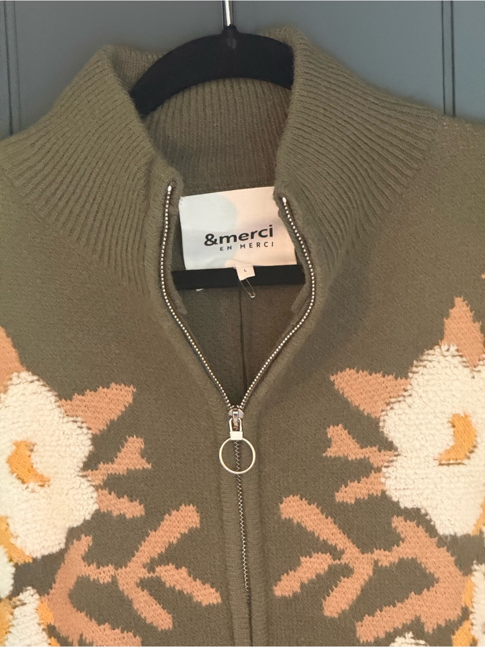 🫒 NEW &merci Women’s Olive Green Floral Zip-Up Sweater Jacket Size L - Picture 6 of 13